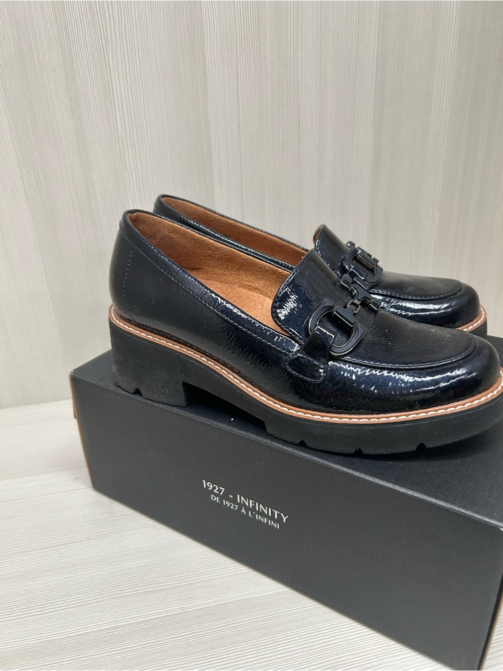 NFINITY Black Patent Platform Loafers with Bit Detail